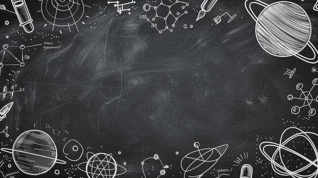 Blackboard with Doodle Style Science and Education Icons Border