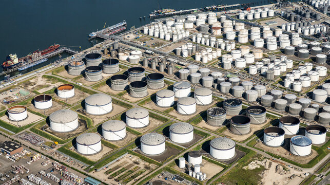 Oil storage tanks at Rotterdam harbour in Netherlands
