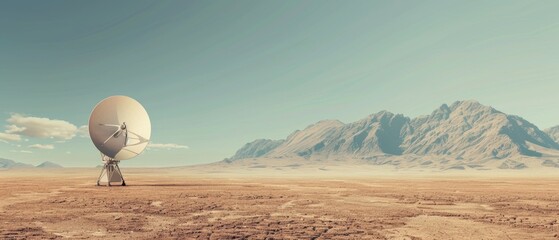 A satellite dish transmitting internet signals located in the middle of a desert at a far mall.