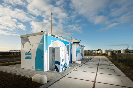 Hydrogen fuel station under cloudy sky