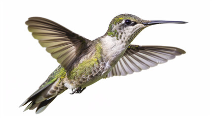Fototapeta premium Female Ruby-throated Hummingbird (archilochus colubris) in flight isolated on white background