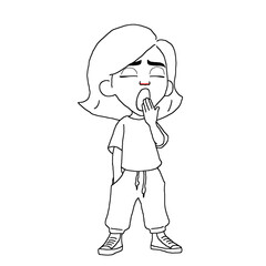 The character yawning. she standing while putting her one hand in her pants pockets.