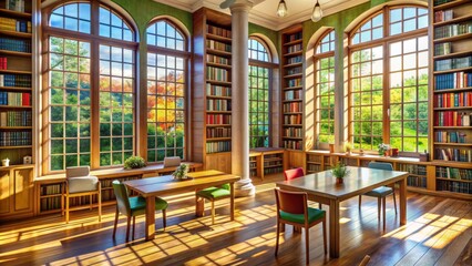 Fototapeta premium Large Library With Many Windows And Bookshelves