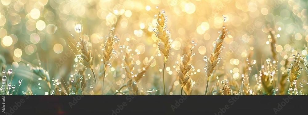 Poster beautiful close-up view of dew drops on a fresh wheat field with warm and soft blurred bright sunlig