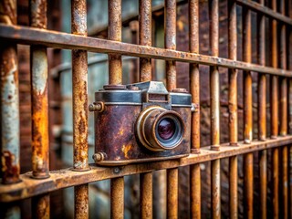 Old rusty prison bars confine a vintage camera, symbolizing restricted access to information and censorship of journalistic freedom.