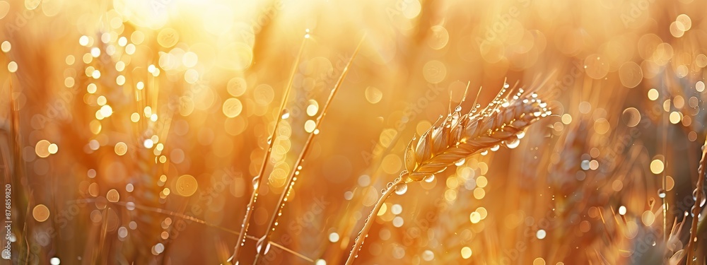 Poster beautiful close-up view of dew drops on a fresh wheat field with warm and soft blurred bright sunlig