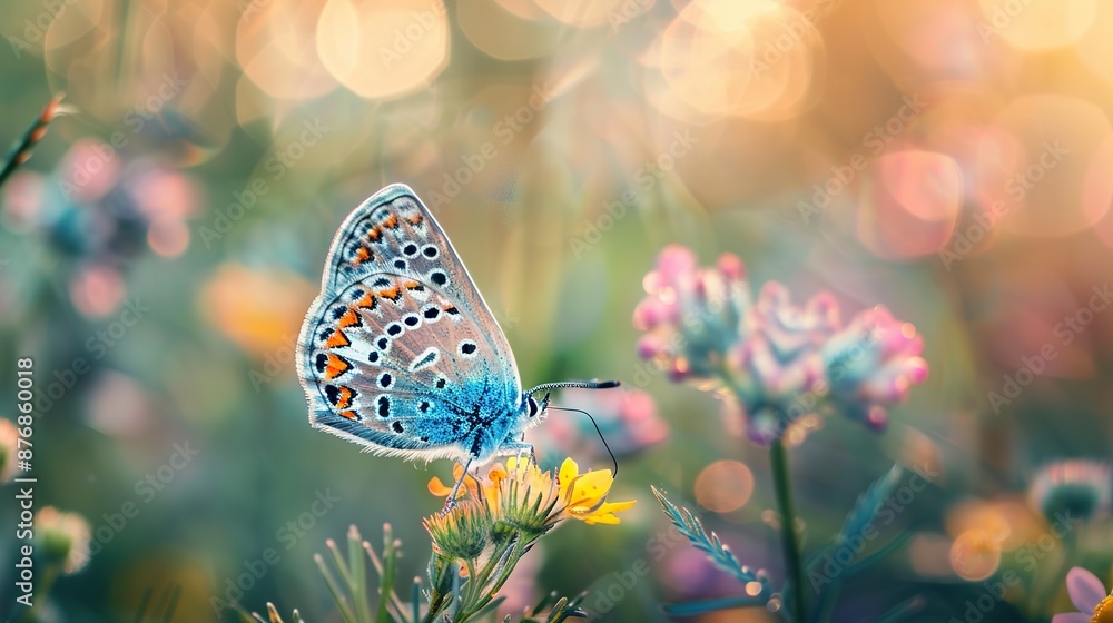 Poster close-up view of a common blue butterfly perched on a flower in a field on a green soft blurred back