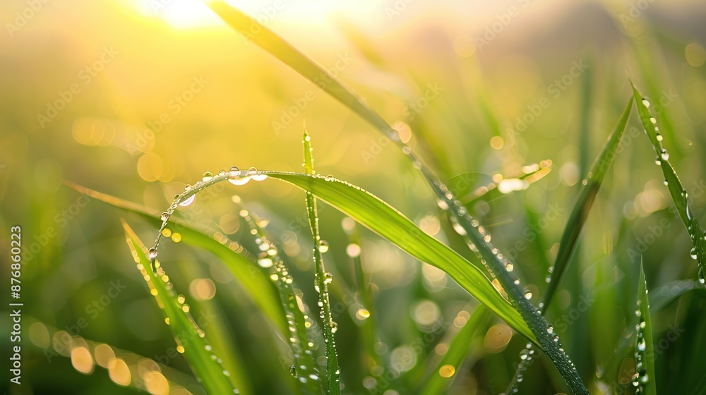 Poster close-up of dew drops on soft wheat leaves in a field with warm and soft golden light in the backgro