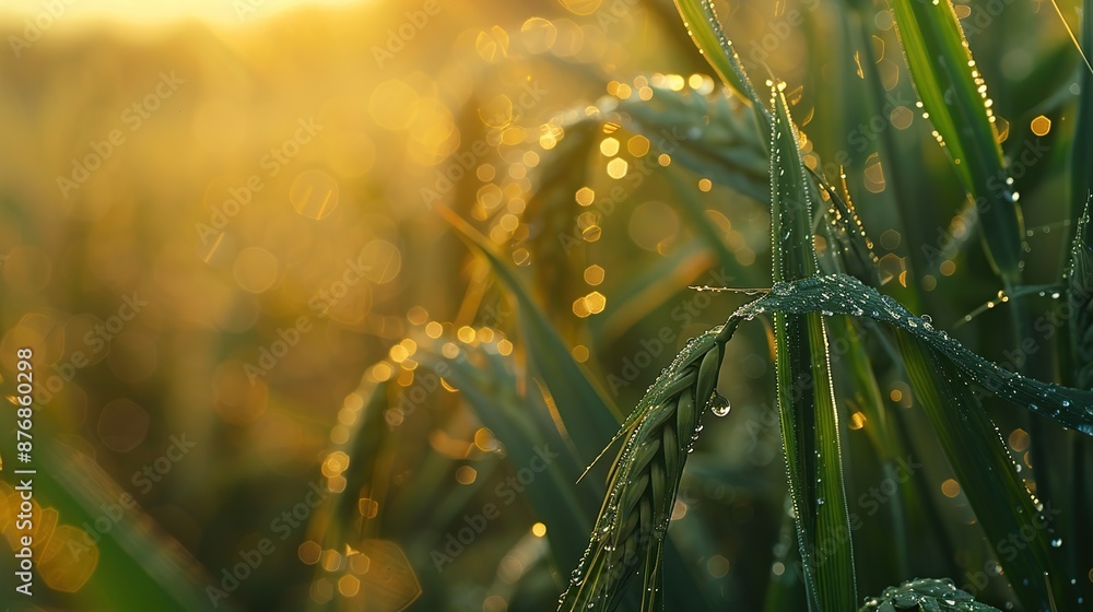 Poster close-up of dew drops on soft wheat leaves in a field with warm and soft golden light in the backgro