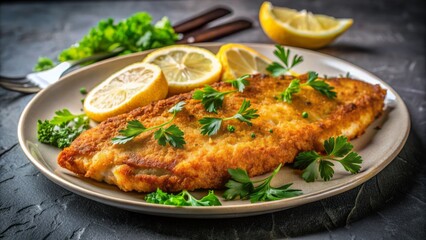 Crispy Fried Fish With Parsley And Lemon Wedges On A Plate.