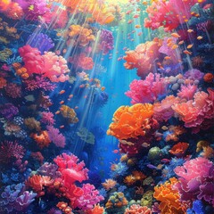 Vibrant underwater coral reef teeming with colorful marine life and sunlight filtering through crystal clear water.