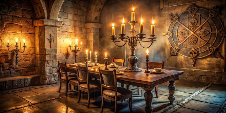 Luxurious ancient chamber with dimly lit candelabras, mysterious symbols etched on stone walls, and a grand wooden table set for a clandestine gathering.