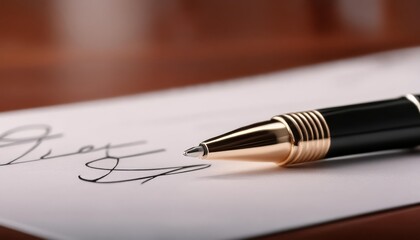 Fototapeta premium Closeup of a Fountain Pen - Ink Pen for Writing - Signing with Elegant pen and Cursive - Written Signature on a Agreement, Document or Contract - Premium Luxury Gold and Silver Pen for Business