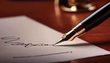 Fototapeta premium Closeup of a Fountain Pen - Ink Pen for Writing - Signing with Elegant pen and Cursive - Written Signature on a Agreement, Document or Contract - Premium Luxury Gold and Silver Pen for Business