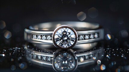 Elegant diamond ring on reflective surface. The image showcases a beautiful engagement ring with a sparkling diamond. Macro photography highlights the intricate details. AI