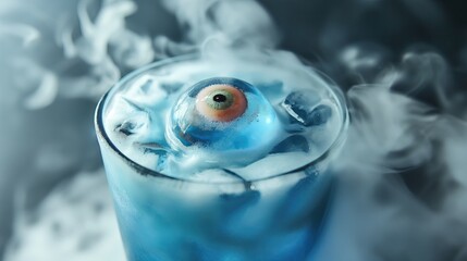 Spooky Blue Halloween Cocktail with Ice Eyeball, Smoky Bar Setting