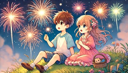 花火を見上げる男の子と女の子