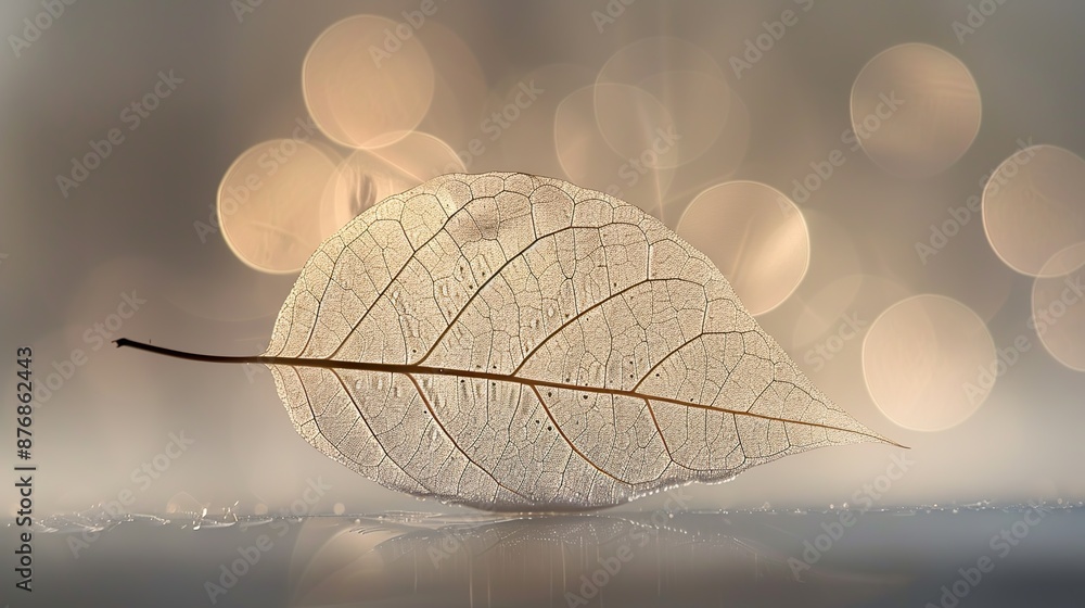 Poster artistic image of transparent skeleton leaves with soft sunlight and blurred dreamy bokeh background