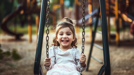 A joyful child enjoying swinging at a playground, with a bright smile and playful expression, surrounded by colorful playground equipment.
