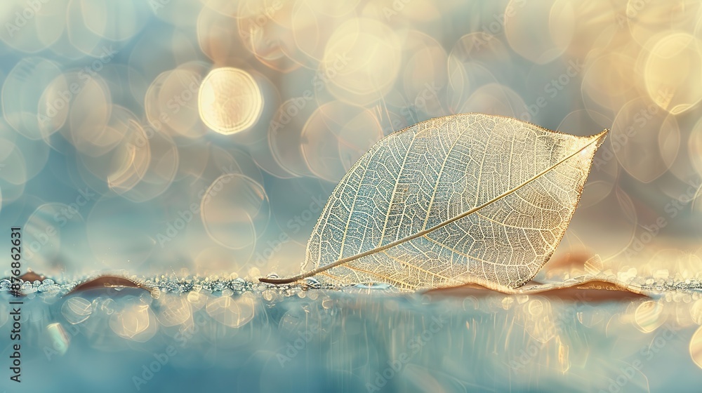 Poster artistic image of transparent skeleton leaves with soft sunlight and blurred dreamy bokeh background