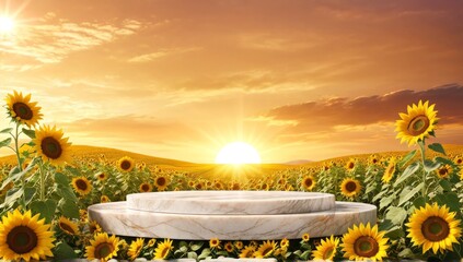 white marble podium for product presentation and display with sunflower field and cloudy sky in the background