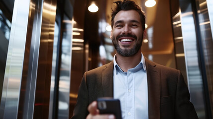 Naklejka premium Smiling man in a business suit holding a smartphone while standing in an elevator with shiny metal walls.
