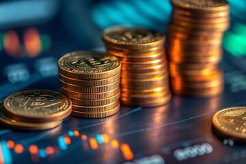 “Bitcoin Investment Stacks on Market Data Background”