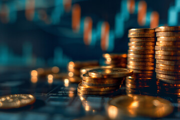 “Bitcoin Investment Stacks on Market Data Background”