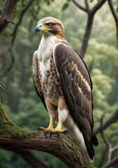 Fototapeta premium A majestic booted eagle perches on a gnarled tree branch,its sharp talons gripping firmly.The bird's plumage is a mix of brown and white, with striking yellow eyes and a powerful beak.Blur background.