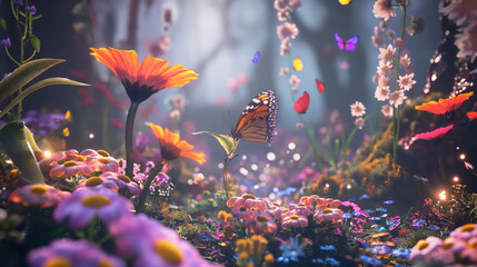 A whimsical 3D model of a fantasy garden, with oversized flowers, butterflies, and magical creatures, creating an enchanting and colorful scene