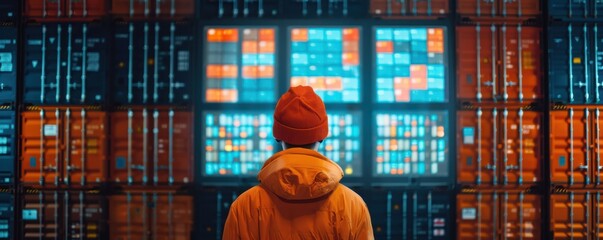 Logistics manager reviewing consignment schedules on a digital screen, emphasizing strategic planning, consignment schedules, digital logistics