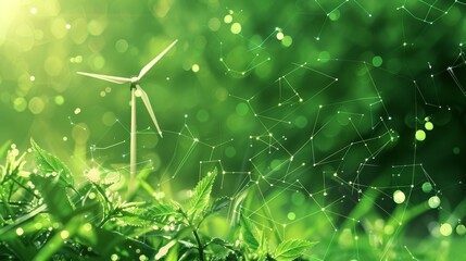 Wind Turbine in Green Field with Abstract Network