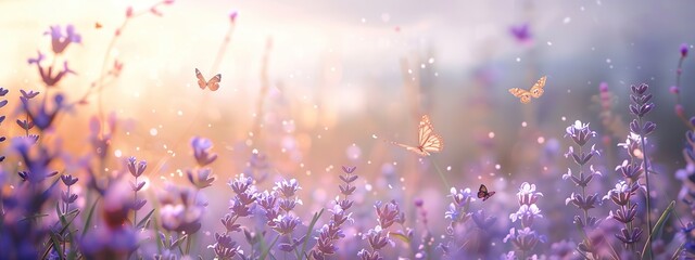 Lilac flowers with butterflies fluttering on them with greenery and soft, hazy sunlight in the background