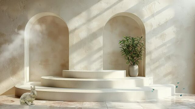 Animation Minimalist arch and steps with sunlit potted plant generated with ai