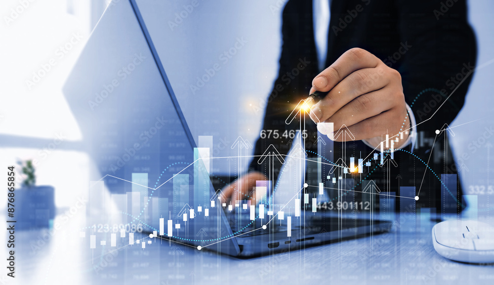 Poster growth graphic with rising arrows. financial diagram graph and profit stock market chart. business g
