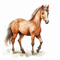 Obraz premium A watercolor painting of a palomino horse with a long flowing mane and tail. The horse is standing on a white background.