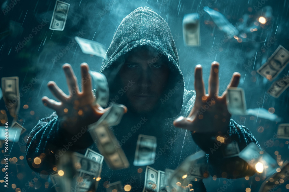 Wall mural bags of cash laundering. hooded figure in a rain of dollar bills. concept photography.