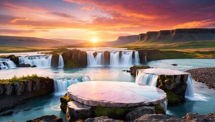 Empty product display marble podium with misty waterfall view background