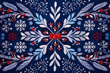 Intricate Christmas pattern with blue, white, and red symmetrical floral and leaf motifs