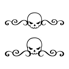 Logo de calavera humana con expresión enojada con línea de decoración de caligrafía como marco para felicitaciones y tarjetas de Halloween