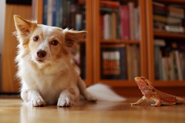 Portrait bearded dragon with adopted dog in living room