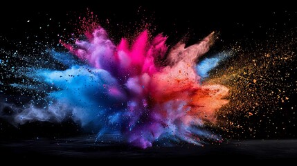 Bright explosion of colorful powder on black background. Vivid pink, blue, purple, and orange colors captured in mid-air. Energetic and vibrant abstract art perfect