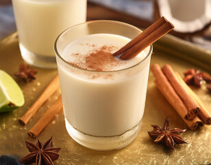 A delectable glass of traditional horchata, a refreshing drink made from rice milk and flavored with cinnamon, garnished with a sprinkle of cinnamon and a cinnamon stick.