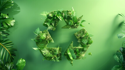 Recycling symbol made of leaves and plants on a green background