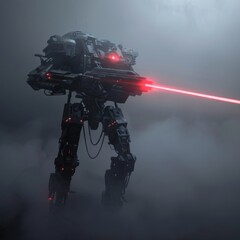 A 3D illustration depicts a sci-fi mech in a night action scene, standing in the fog in an attacking pose. The robot, equipped with two assault guns with laser sights, has tank-like metal armor.