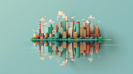 Flat design illustration of an industrial city emitting pollution contrasted with a green, sustainable city, raising environmental awareness