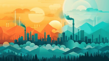 Flat design illustration of an industrial city emitting pollution contrasted with a green, sustainable city, raising environmental awareness