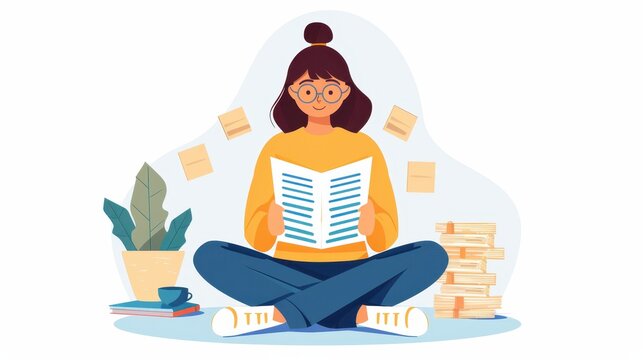 Flat design scene of a person reading about tax deductions and credits, emphasizing informed tax planning