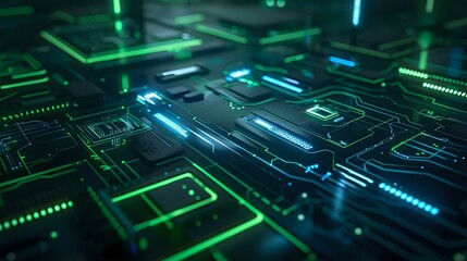 Fototapeta premium A futuristic electronic circuit board with neon blue and green glowing traces, minimalistic design, and floating components, set against a sleek, dark background