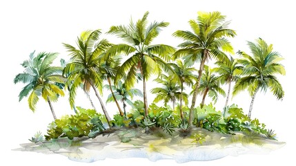 Fototapeta premium Watercolor painting of a group of growing coconut trees on a small island isolated on a white background